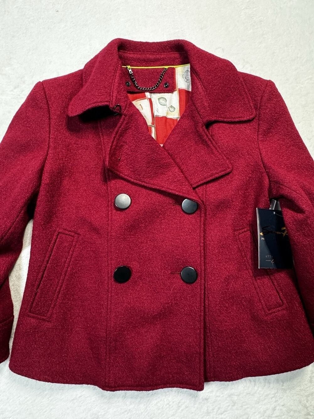 Seven7 Wool Blend Pea Coat Jacket Red Checkerboard Print Lining Small S New